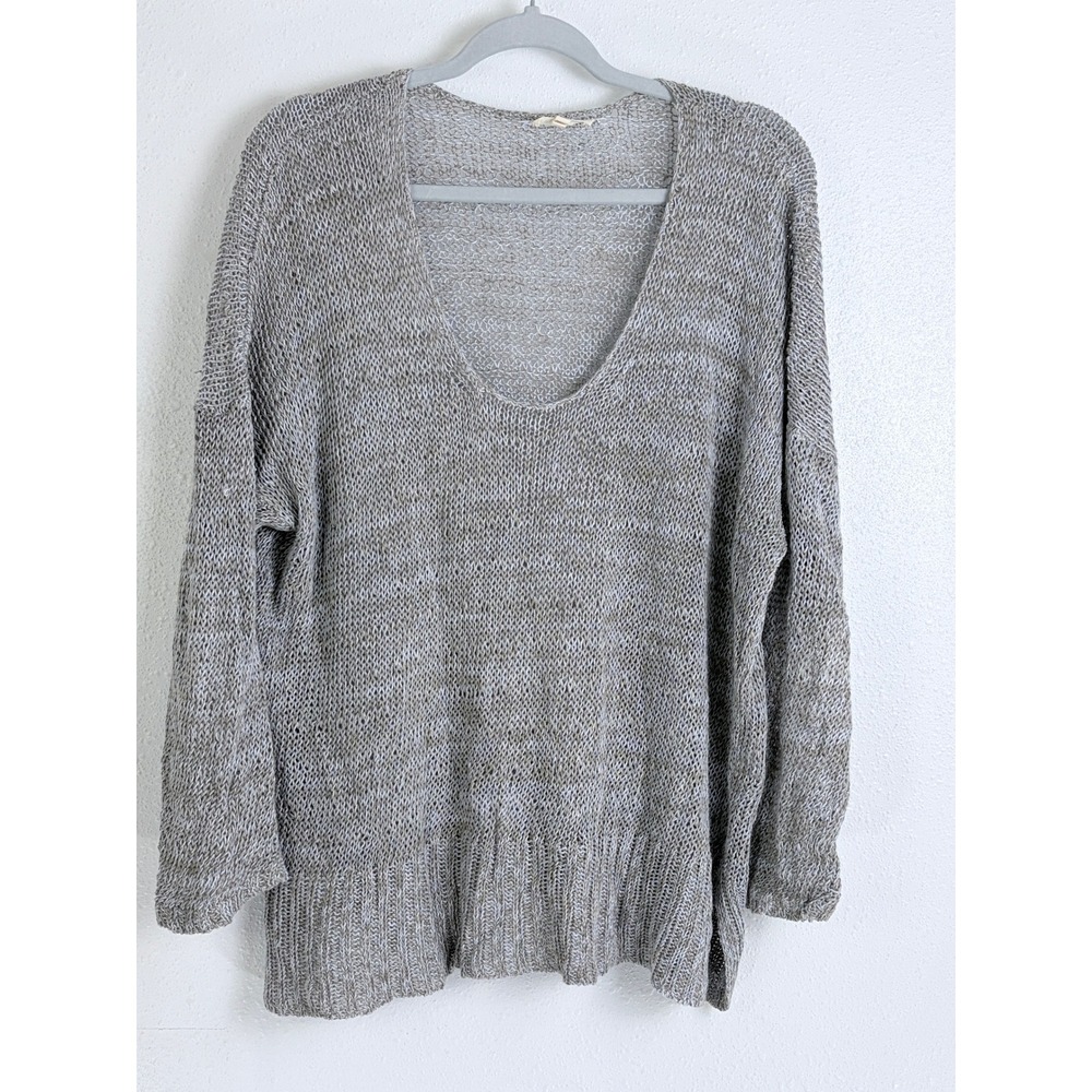 Eileen Fisher Linen Open Knit Sweater Large Gray Marl Scoop Neck Minimalist